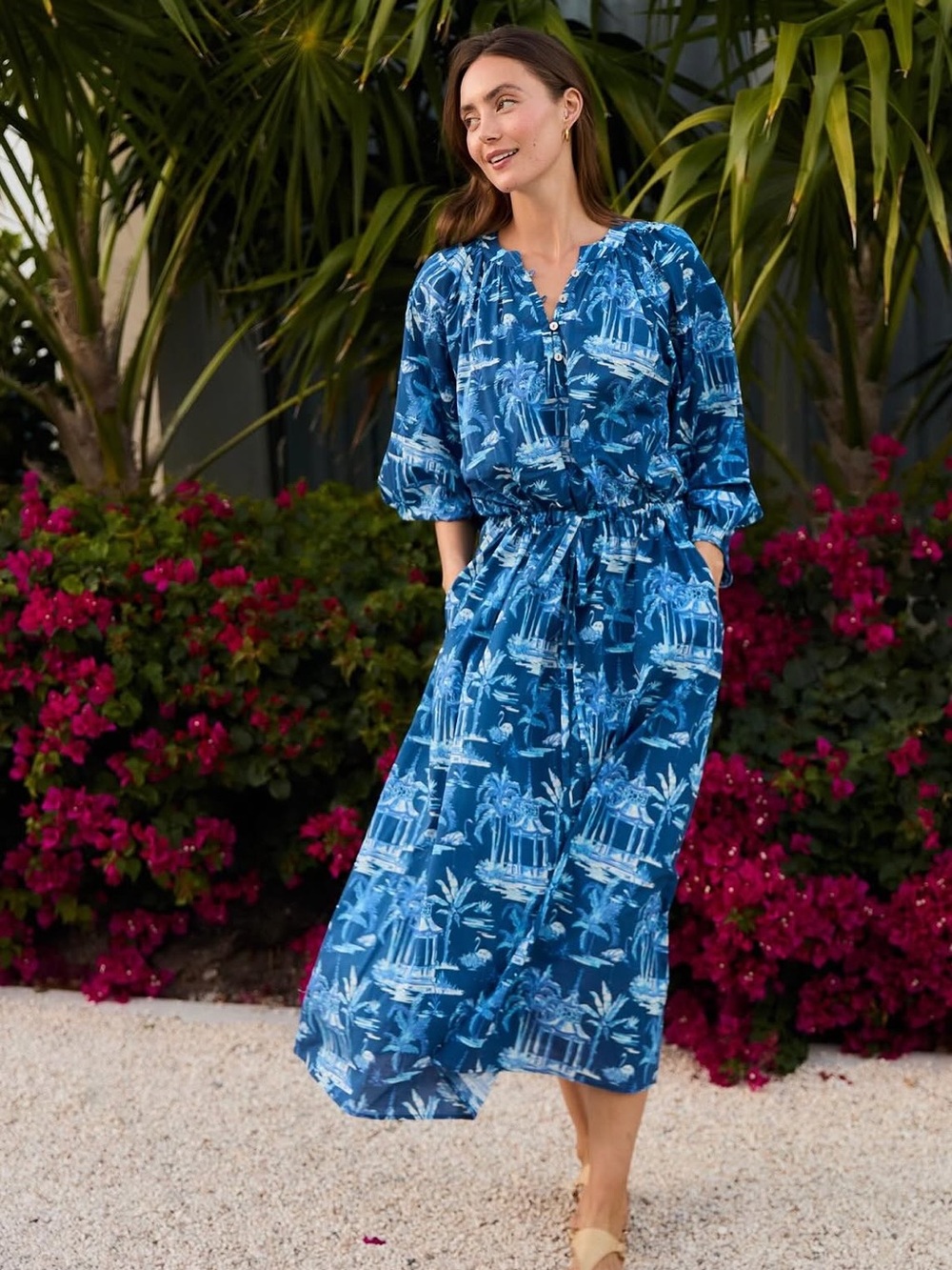 J. MCLAUGHLIN Blue Palm Print Ruffle Midi Dress Women’s XS Resort Coastal - Picture 1 of 12